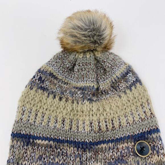 Boutique Striped Knit Beanie Hat with Pom Pom Cream Blue Button Detail - Picture 3 of 6